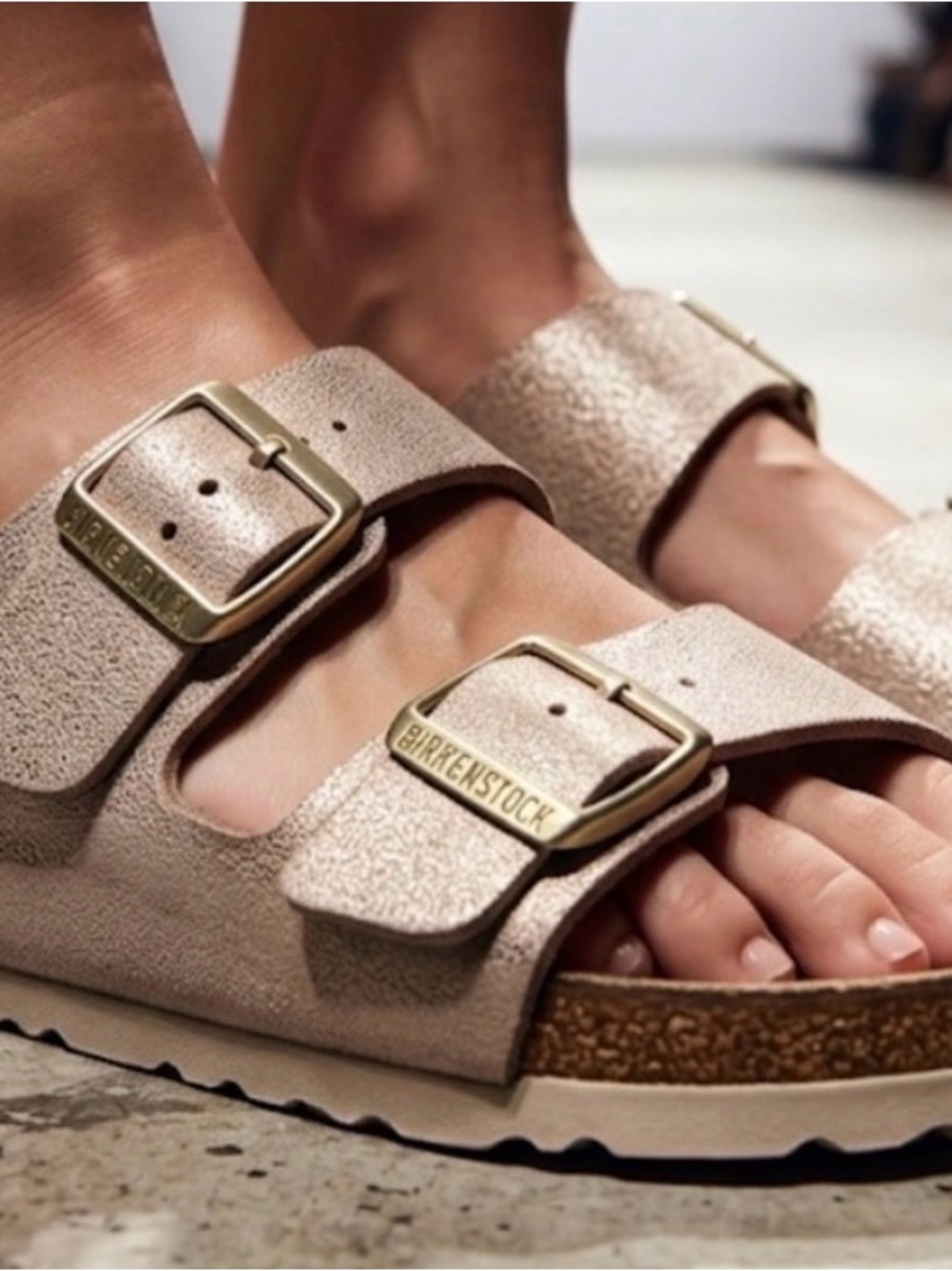 Birkenstock Double Strap Sandals in Metallic Blush Pink - Picture 2 of 5